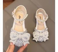 1 Paio di nuovi sandali piatti alla moda e versatili per ragazze, decorati con perle e fiocchi di strass rosa, punta tonda, adatti per uso quotidiano, ballo, esterno in primavera e autunno, con decora