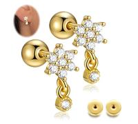 1 paio di orecchini a lobo in oro 14 k con retro piatto, da donna, in acciaio inox chirurgico 316L, ipoallergenici, con zirconia cubica, Acciaio inossidabile, Zirconia cubica