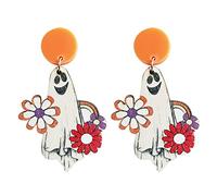 1 paio di orecchini fantasmi di fiori in legno con acrilico rotondo Top 2022 colorati con ragni di zucca di Halloween, gioielli fantasmi ragno legno