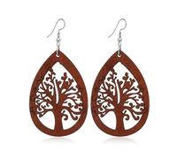 1 paio di orecchini pendenti in legno leggero a forma di albero della vita, fatti a mano, rotondi, da donna, Misura unica, Acciaio inossidabile, Zirconia cubica sintetica Nessuna pietra preziosa