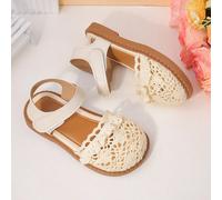 1 Paio di sandali aperti da ragazza, con elementi in pizzo, realizzati in morbido materiale PU, design basso con chiusura a strappo, stile piatto, naturale e fresco, adatto per uso quotidiano e brevi 
