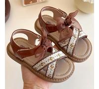 1 paio di sandali con cinturino incrociato abbellito da piccoli ricami floreali e un grande fiocco marrone per uno stile retrò delizioso. La suola è marrone, appartiene allo stile di moda estivo, adat