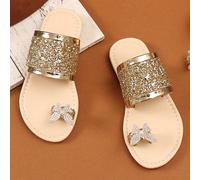 1 Paio di sandali da spiaggia piatti dorati per bambine, con cinturini colorati di strass, tessuti in PU, punta aperta, design con perle e farfalle, eleganti ciabattine slip-on in stile lussuoso, adat