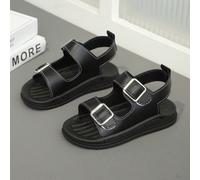 1 Paio di Sandali Piatti Neri Extra Larghi e Grandi per Bambine/Bambini Piccoli, Cinturino in PU Monocromatico con Fibbia Design a Cinturino, Punta Tonda, Antiscivolo, Moda e Lusso, Sandali Stile Roma