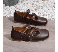 1 Paio di scarpe piatte da ragazza con cinturino a T marrone, realizzate in materiale PU con design regolabile a doppio gancio e passante, punta tonda, suola in TPR antiscivolo, ballerine leggere e co