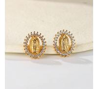 1 Paio Orecchini A Bottone Micro Incastonati Eleganti E Creativi Con Ovale Inserzione Di Zirconi Cubici E Immagine Della Vergine Maria. Accessorio Minimalista Per Donne In Rame Adatto A Matrimonio, Fe