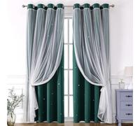 1 Pannello Tende Doppie per Interno, Combinazione di Tessuto Oscurante e Voile di Chiffon Ricamato, Stile Moderno per Soggiorno e Camera, Decorazione Design a Stella Cava, 132x214 cm, #5 Verde scuro