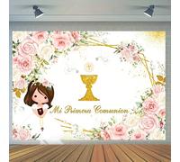 1 pezza Striscione in poliestere da 5x3ft/5x7ft con motivo floreale rosa e oro, adatto per la decorazione di battesimo, prime comunioni, feste di battesimo, come sfondo, per il tavolo della torta, per