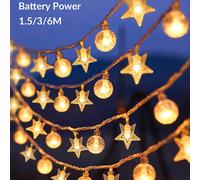 1 pezzo 1,5m/3 metri/6m Luci a stringa LED decorative a forma di stella a cinque punte con palline di cristallo perlacee, alimentate a batteria, luci fatate per decorazione domestica interna, decorazi