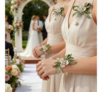 1 pezzo/2 pezzi/6 pezzi Fiore all'occhiello premium con foglia triangolare bianca, nastro verde e piccole perline, adatto per sposo/testimone dello sposo, sposa, damigella d'onore, matrimonio, fidanza
