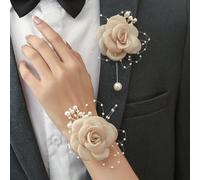 1 pezzo/2 pezzi/6 pezzi Fiore di rosa caffè premium con piccole perline in lega metallica, elegante corsage e catena di perle per il polso, adatto per sposo, sposa, testimone dello sposo, damigella d'