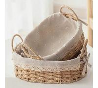 1 pezzo / 2 pezzi Cesta intrecciata in carta con manico, cestino da scrivania per organizzazione, cestino con decoro in pizzo delicato, scatola di immagazzinaggio per trucchi e telecomandi, cestino or