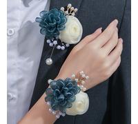 1 pezzo/2 pezzi Corsage da polso da donna & Boutonnière da uomo con fiore di rosa e decorazione di piccoli fiori, elegante stile fatato con decorazione di perle, braccialetto da sposa e damigella d'on
