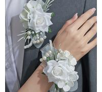 1 pezzo/2 pezzi Corsage e braccialetto elegante con rosa bianca, gipsofila e decorazione in perle, adatto per sposo, sposa, testimoni dello sposo e damigelle 1 pezzo di bouquet,1 fiore da polso,Un set