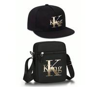1 pezzo/2 pezzi Set di cappellino da baseball e borsa a tracolla unisex con stampa della parola "Re", moda streetwear, accessori sportivi all'aperto, cappellino con visiera piatta regolabile e borsa a
