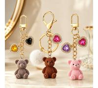 1 pezzo/3 pezzi Ciondolo in resina a forma di orso cartone animato con intarsio a forma di cuore, accessorio raffinato portachiavi con pompon, ciondolo alla moda per borsa rosa,3 pezzi,Marrone chiaro,
