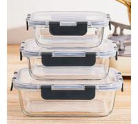 1 pezzo/3 pezzi Contenitore per il pranzo rettangolare in vetro borosilicato resistente, adatto per microonde, per ufficio, scuola, contenitore per alimenti Set tre pezzi nero 370+640+1040LM,Copertina