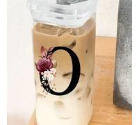 1 pezzo, 383g Tazza quadrata in vetro con stampa floreale da A a Z, semplice, con fondo piatto resistente al calore, adatta per ufficio e uso domestico, tazza quadrata per latte e caffè, regalo per da