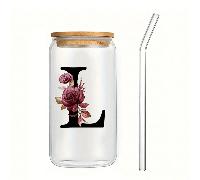 1 Pezzo, 450ml Tazza Da Caffè Con Lettere Fiori A - Z Per Ufficio E Casa, Tazza In Vetro Borosilicato Resistente Al Calore Con Coperchio E Cannuccia In Bambù, Regali Di Compleanno Per Donne, Mamme, Mi
