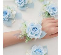 1 pezzo/6 pezzi Corsage da polso con rose blu Airen e ortensie, decorazione floreale romantica per la sposa, lo sposo, le damigelle, matrimoni, feste, lauree 1 fiore da polso,Set di 6 fiori da polsoPi