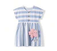 1 pezzo Abito casual a righe blu e bianco per ragazze, abito da principessa con ricamo floreale carino, adatto per l'estate. [La taglia è leggermente più grande, si consiglia di ordinare una taglia in