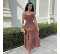 1 pezzo Abito con spalline sottili e volant a balze in vita, colore marrone, abito da donna per Capodanno, abiti eleganti da donna, abiti estivi da donna per feste L,M,S,XL,XSColore unicoTessuto in ma
