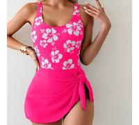 1 pezzo Abito da bagno coprente le cosce con stampa di ibisco e scollo a U, per taglie forti L,M,S,XLFloreale,Piante,stampa dappertuttoTessuto