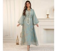 1 pezzo Abito da donna con scollo intarsiato a contrasto, elegante abito a maniche lunghe a-line adatto per feste, ospiti di matrimoni, donne musulmane per tutte le stagioni L,M,XL,XXLBaroccoTessuto i