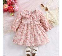 1 pezzo Abito elegante con stampa floreale su tutta la superficie e colletto a petali, stile giovane signora per bambine, abbigliamento per occasioni primaverili/autunnali e feste di compleanno 4Y,5Y,