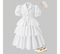 1 pezzo Abito elegante da ragazza con perline in vita, maniche a lanterna gonfie, adatto per vacanze, viaggi primaverili/estivi, feste, ritorno a scuola 8Y,9Y,10Y,11Y,12YColore unicoPoliestere