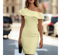 1 pezzo Abito midi attillato con spalla scoperta e volant, abito lungo casual, abito elegante, outfit estivi, abito formale giallo tinta unita per lavoro e feste, adatto per l'estate L,M,S,XLColore un