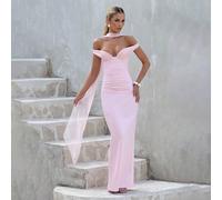 1 pezzo Abito sexy ed elegante con spalle scoperte e nastro che stringe la vita, colore solido, rosa, per feste, matrimoni, occasioni serali, autunno L,M,S,XL,XS,XXSTessuto in maglia