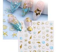 1 pezzo Adesivi per unghie 5D a tema estivo oceano, con motivi a conchiglia dorata, stelle marine e fiori blu in rilievo, decorazioni per unghie kawaii e carini, autoadesivi, prodotti per la arte di u