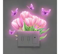 1 pezzo Adesivo da parete per interruttore della luce con tulipano rosa e farfalla viola fosforescente, adesivo autoadesivo floreale per presa e interruttore, adatto per camera da letto, soggiorno, de