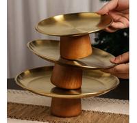 1 pezzo Alzata per torta in acciaio inossidabile con base in legno, piatto per esporre dolci, vassoio multifunzionale per frutta, adatto per la decorazione del tavolo da pranzo, servizio domestico e d