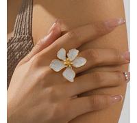 1 pezzo Anello floreale asimmetrico da donna stile vacanza vintage con fiore a 5 petali bianco e gocce d'olio Tagli UnicaLega di zinco