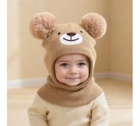 1 pezzo Balaclava invernale morbida a maglia con orsetto, pompon e ricamo del viso dell'orsetto, adatta per bambini 1-3 anni - Accessorio adorabile per proteggere orecchie e collo, ideale per uscite a