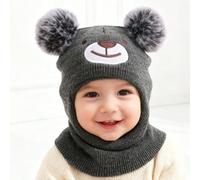 1 pezzo Balaclava per bambini 1-3 anni - Ricamo a forma di orso e decorazione con pompon soffici a forma di orecchie, berretto lavorato a maglia caldo e confortevole per proteggere orecchie e collo, a
