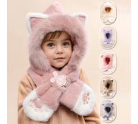 1 Pezzo Berretto invernale calda con orecchie di gatto e protezione per il collo, in peluche, con ricamo sulla zampa del gatto, set integrato di cappello e sciarpa per bambini, carino 6-12 anniPoliest