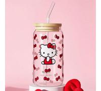 1 pezzo Bicchiere in vetro borosilicato ad alta resistenza da 500ml/16.91oz con cannuccia e spazzola per cannuccia, stampa a doppio lato con fiocco rosso e cartone animato carino, tazza per caffè fred