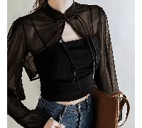 1 pezzo Bolero elegante e leggero, traspirante e trasparente, in nero, per donna, con colletto Peter Pan staccabile, in chiffon fluido, adatto per l'estate Poliestere