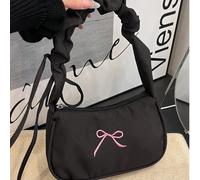 1 pezzo Borsa a baguette in nylon nero con fiocco ricamato, nuova primavera, colore unito, borsa a tracolla plissettata da donna (la sezione della tracolla plissettata è elastica) LettereVelluto a cos