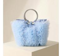 1 pezzo Borsa a mano con morbido pizzo blu, decorazione con nappine e volant, manico ad anello metallico argento, stile dolce ed elegante, adatta per abiti da sposa o vacanze con abiti lunghi tulle