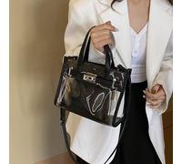 1 pezzo Borsa a mano verticale quadrata con inserto in PVC trasparente e poliuretano, borsa da spiaggia estiva di moda, set 2 in 1 con tracolla staccabile per le donne Geometrico,Lettere,quadriPoliure