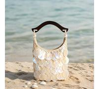1 pezzo Borsa a secchiello Bobo da donna con decorazione a fette di conchiglia & paillettes, nappe, manico ad arco in legno vintage, design intrecciato a rete da sirena con paillettes fatto a mano, ad