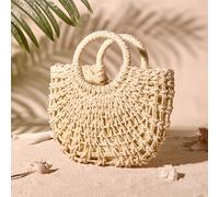 1 pezzo Borsa a secchiello semi-circolare traforata - Borsa da spiaggia alla moda in paglia intrecciata, borsa da viaggio per l'estate, elementi essenziali per le vacanze, perfetta per viaggi, vacanze