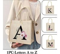1 pezzo Borsa a tracolla in lino con stampa floreale e lettera, borsa a mano minimalista di grande capacità, borsa casual portatile, borsa da shopping multifunzionale, borsa regalo personalizzata, ada