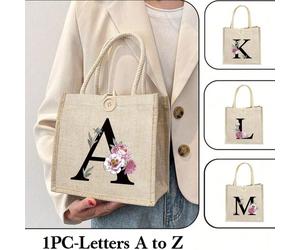 1 pezzo Borsa a tracolla in lino con stampa floreale e lettera, borsa a mano minimalista di grande capacità, borsa casual portatile, borsa da shopping multifunzionale, borsa regalo personalizzata, ada