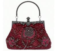 1 pezzo Borsa clutch da sera vintage di lusso ed elegante degli anni '20, con ricami di rose bordeaux, perline, strass, manico in metallo a forma di vite, adatta per donne con vestito rosso per Capoda