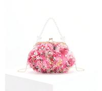 1 pezzo Borsa clutch rosa con applicazioni in pizzo 3D colorate fatte a mano, decorata con perle, per abiti da cerimonia, matrimoni e banchetti, primavera/estate 2026 (la disposizione dei fiori può va